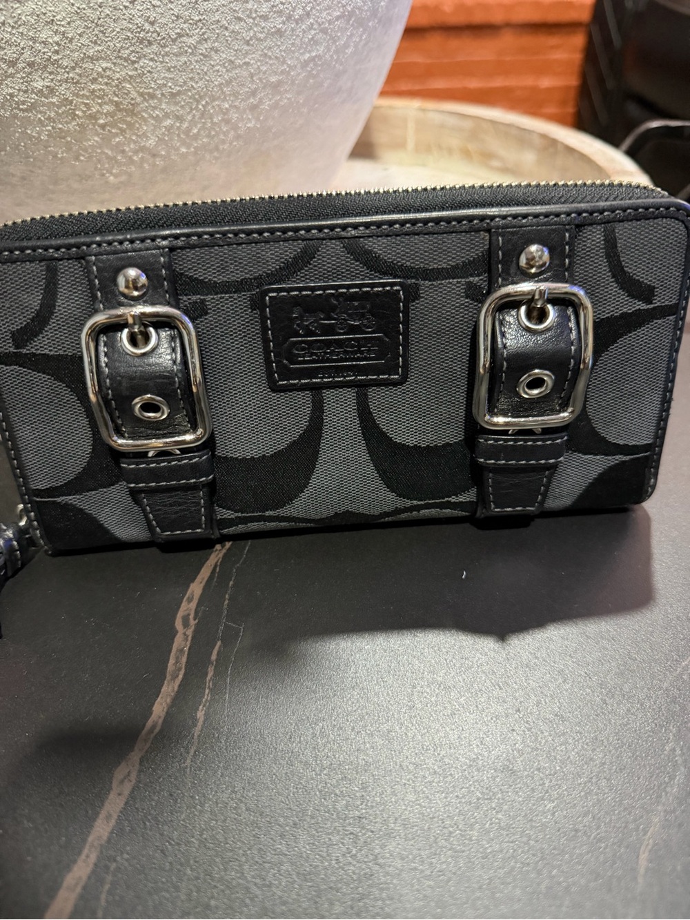 Coach Black and Gray Signature Canvas Zip Wallet with Buckle Detail - Picture 4 of 9